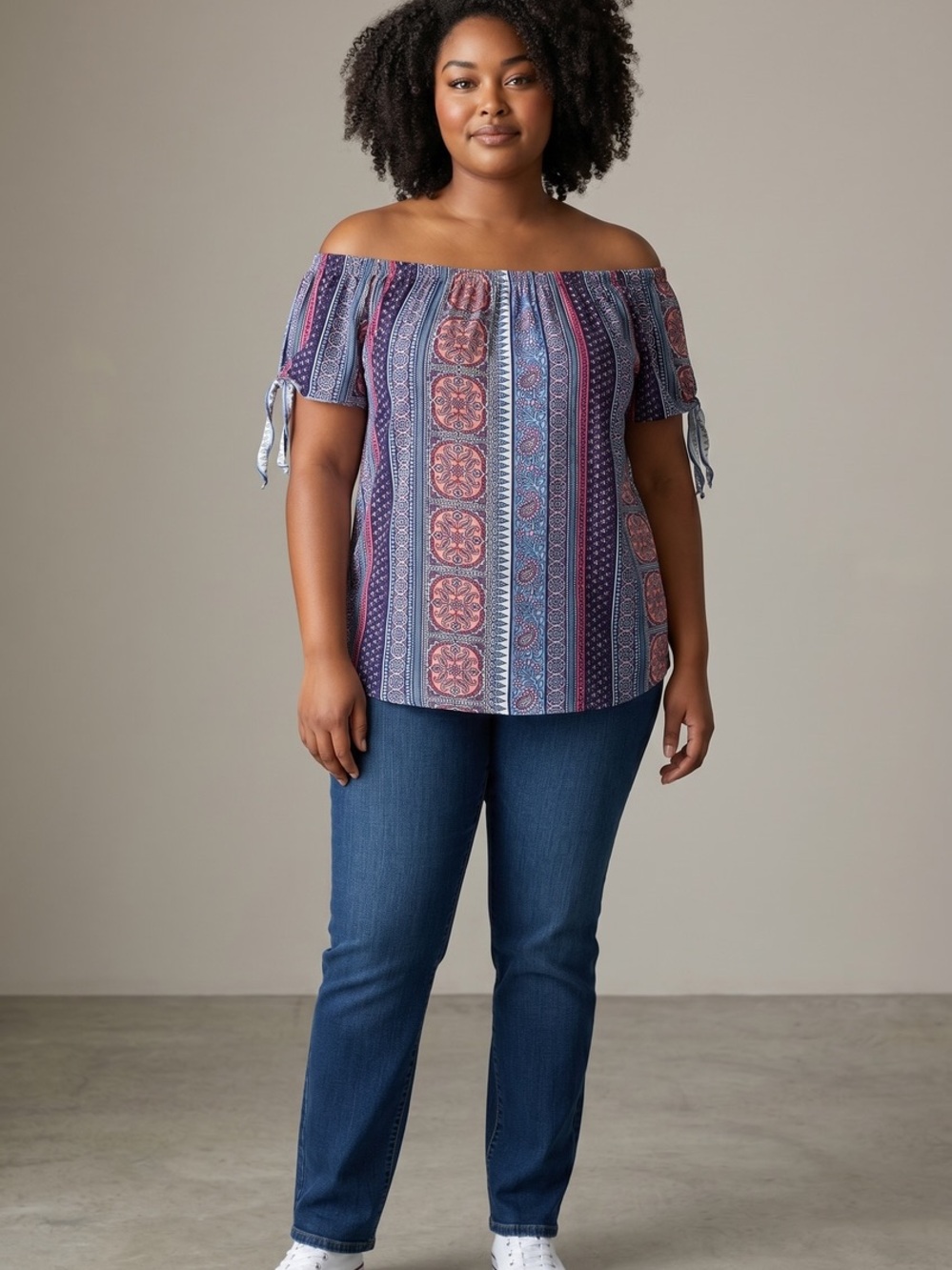 Bobbie Brooks Purple Multi Off-Shoulder Tie-Sleeve Tunic